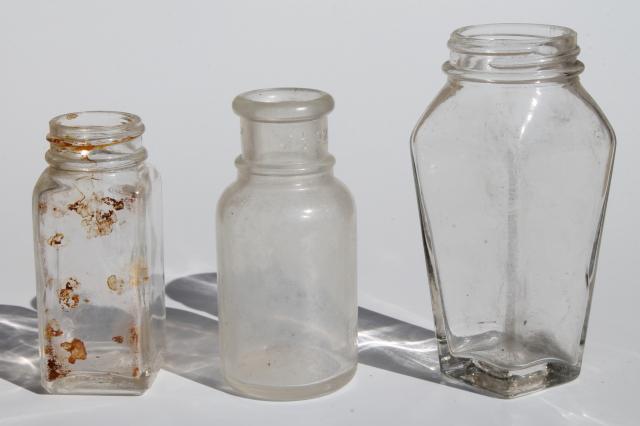 photo of lot old antique glass food jars, condiment bottles, vintage spice jars #10