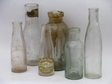 catalog photo of lot old antique glass jars, vintage condiment, olive and pickle bottles