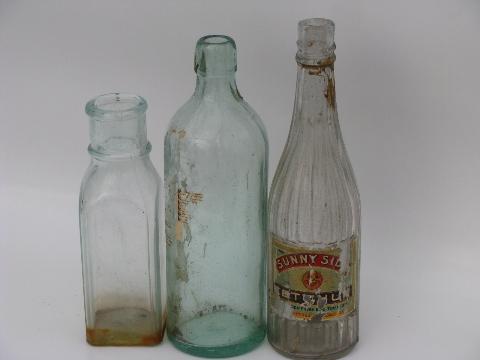 photo of lot old antique glass jars, vintage condiment, olive or pickle bottles #7