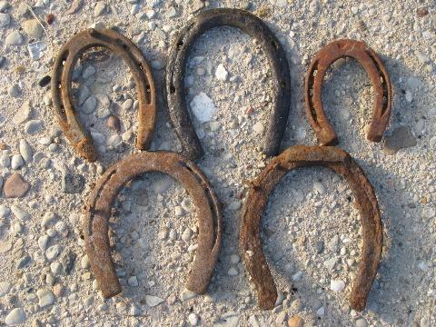 photo of lot old antique iron horseshoes w/ horse shoe nails, vintage farm primitives #3