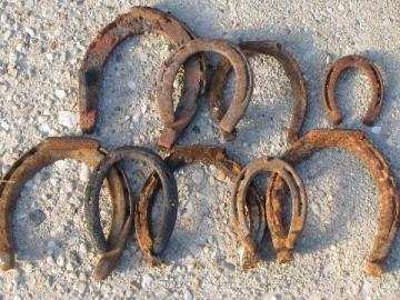 catalog photo of lot old antique iron horseshoes w/ horse shoe nails, vintage farm primitives