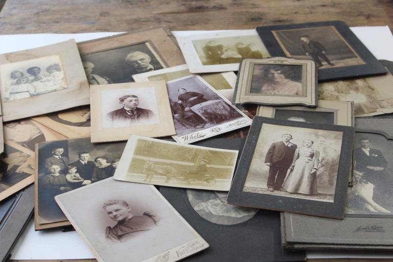 photo of lot old antique photos, vintage black & white photography, cabinet cards family photo portraits #1