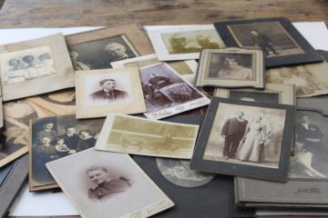 catalog photo of lot old antique photos, vintage black & white photography, cabinet cards family photo portraits