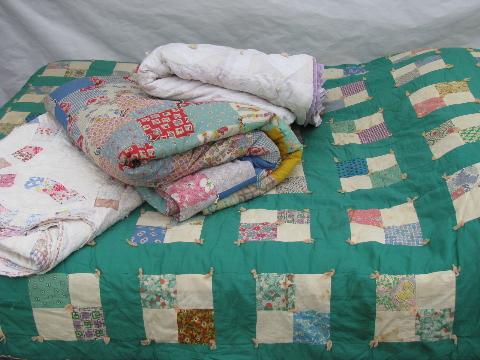 photo of lot old antique vintage patchwork quilts for cutting, cutters #1