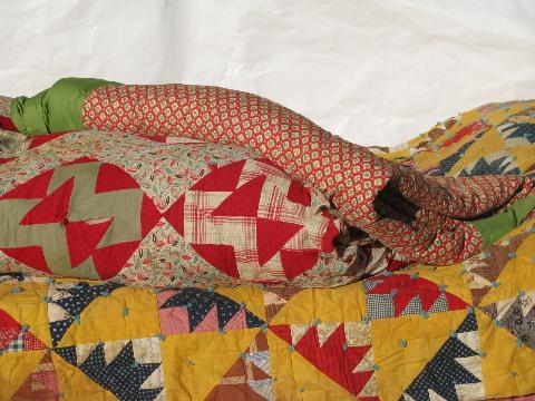 photo of lot old antique vintage patchwork quilts & wool filled comforter #1