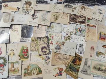 catalog photo of lot old antique vintage postcards, holidays, Christmas greetings, photo cards