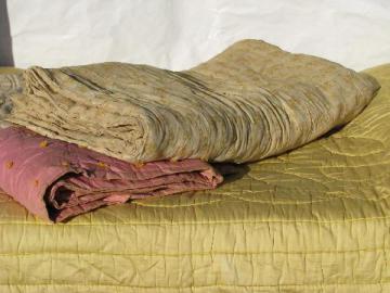 catalog photo of lot old antique vintage wool filled comforters, whole cloth quilts