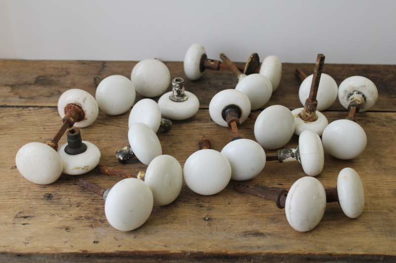 photo of lot old antique white porcelain door knobs for repurpose or upcycle, crazed stained shabby  #1