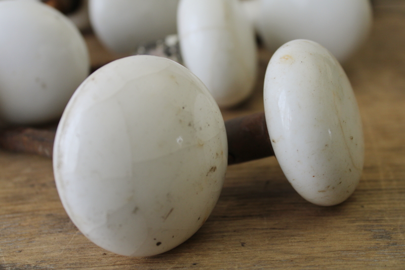 photo of lot old antique white porcelain door knobs for repurpose or upcycle, crazed stained shabby  #3