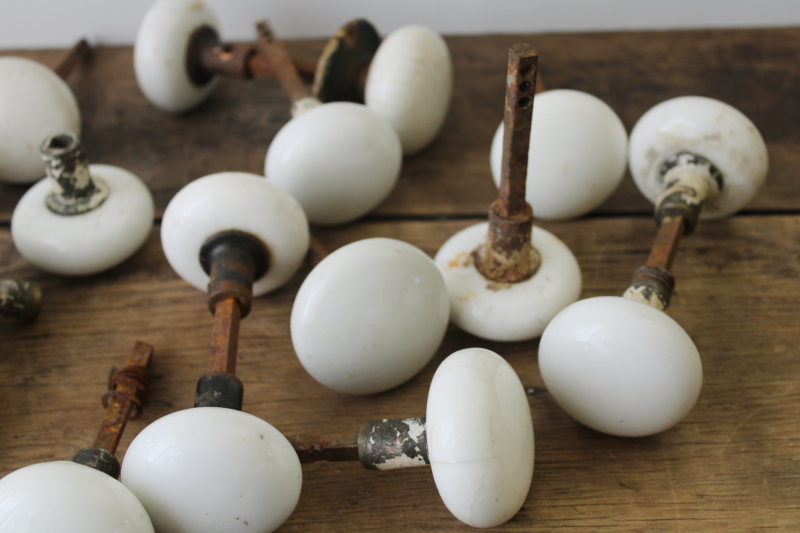 photo of lot old antique white porcelain door knobs for repurpose or upcycle, crazed stained shabby  #4