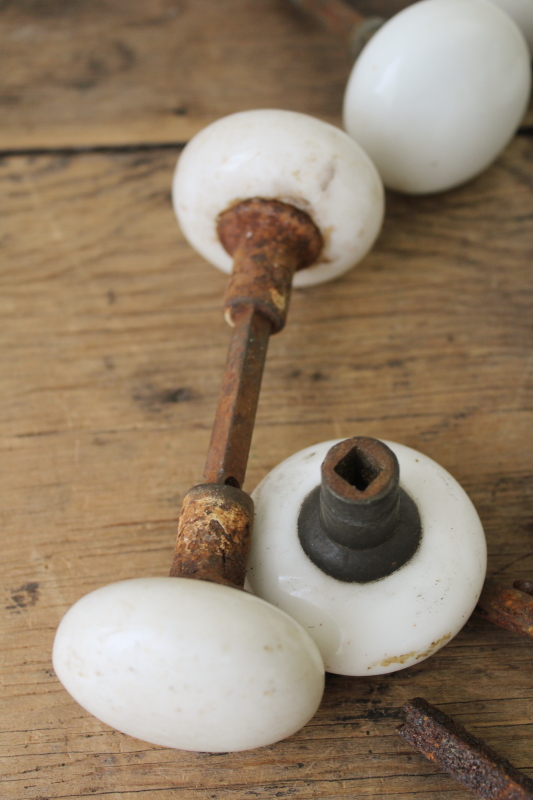 photo of lot old antique white porcelain door knobs for repurpose or upcycle, crazed stained shabby  #7