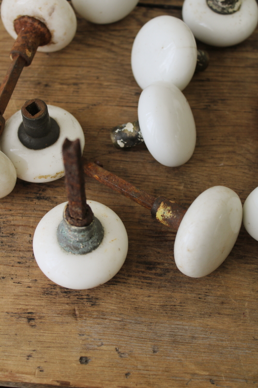 photo of lot old antique white porcelain door knobs for repurpose or upcycle, crazed stained shabby  #8