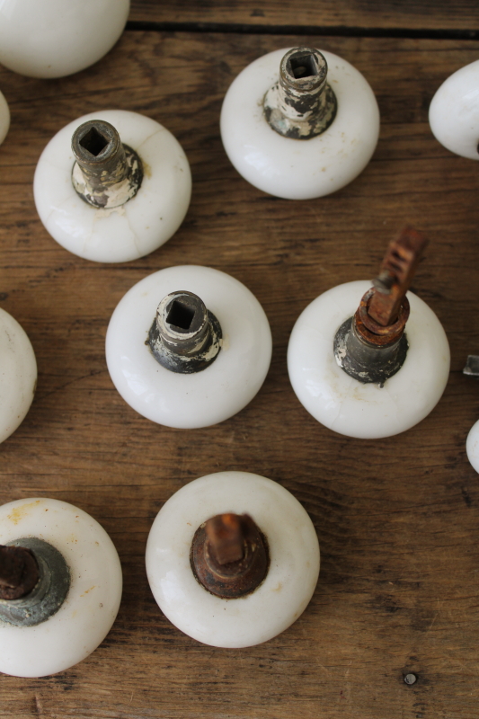 photo of lot old antique white porcelain door knobs for repurpose or upcycle, crazed stained shabby  #9