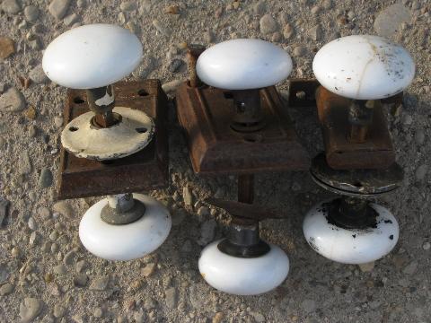 photo of lot old antique white porcelain doorknobs, vintage architectural hardware #1