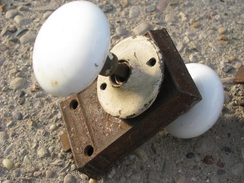 photo of lot old antique white porcelain doorknobs, vintage architectural hardware #2