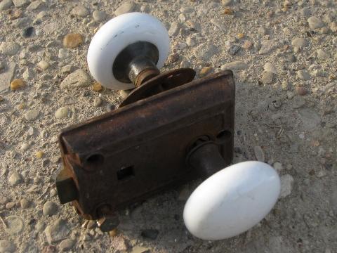 photo of lot old antique white porcelain doorknobs, vintage architectural hardware #3