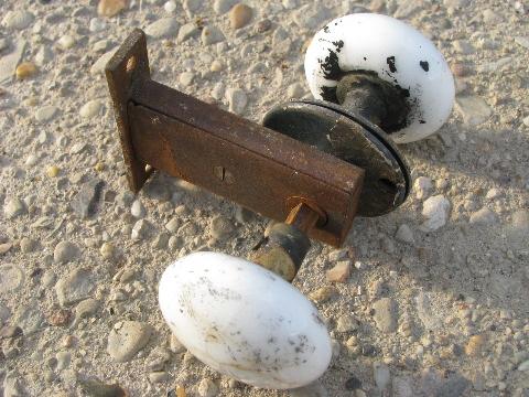 photo of lot old antique white porcelain doorknobs, vintage architectural hardware #4