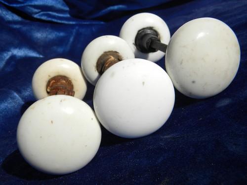 photo of lot old antique white porcelain doorknobs, vintage architectural hardware #3