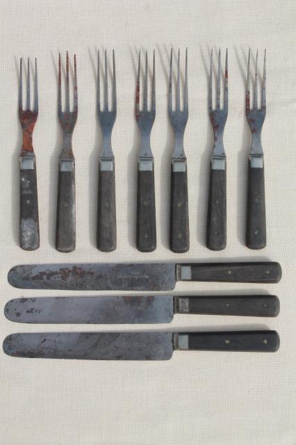 photo of lot old antique wood handled steel forks & knives, Civil War vintage flatware  #1