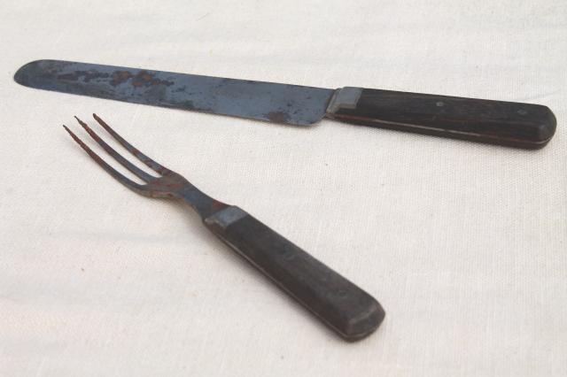 photo of lot old antique wood handled steel forks & knives, Civil War vintage flatware  #4