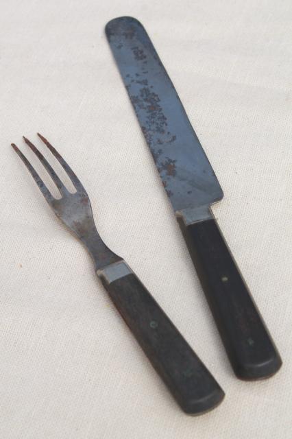 photo of lot old antique wood handled steel forks & knives, Civil War vintage flatware  #5