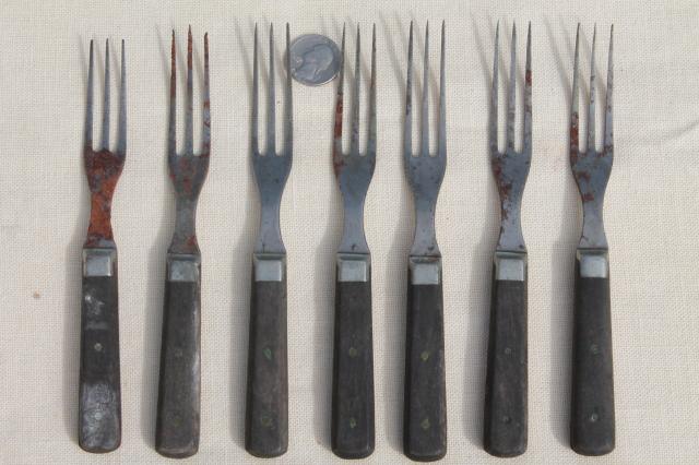 photo of lot old antique wood handled steel forks & knives, Civil War vintage flatware  #8