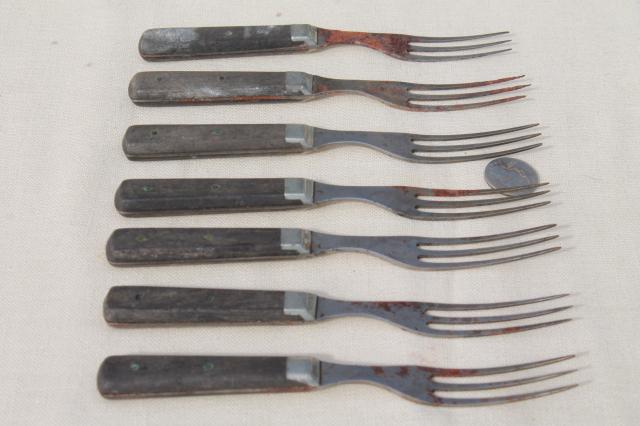 photo of lot old antique wood handled steel forks & knives, Civil War vintage flatware  #9