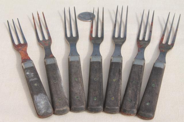 photo of lot old antique wood handled steel forks & knives, Civil War vintage flatware  #10