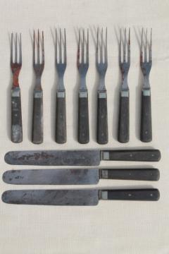 catalog photo of lot old antique wood handled steel forks & knives, Civil War vintage flatware 