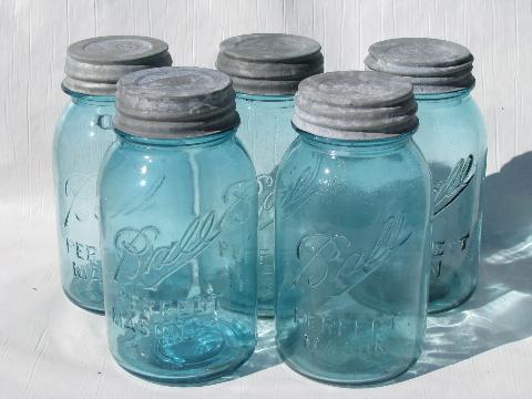 photo of lot old aqua blue green fruit canning jars, vintage primitive kitchen canisters #2