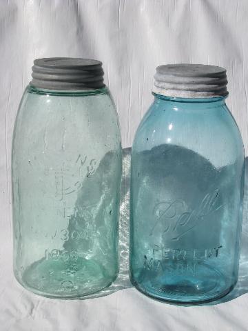 photo of lot old aqua blue green fruit canning jars, vintage primitive kitchen canisters #3