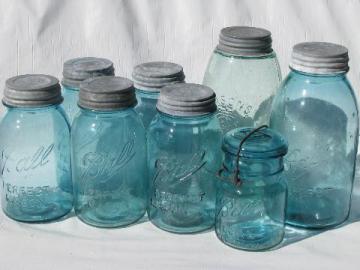 catalog photo of lot old aqua blue green fruit canning jars, vintage primitive kitchen canisters