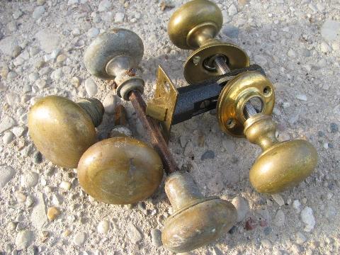 photo of lot old door hardware, antique vintage heavy brass doorknobs #1