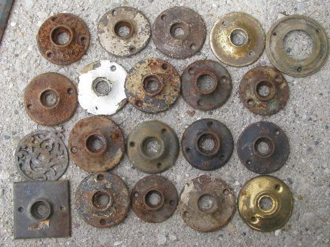 photo of lot old door hardware, vintage antique locks, doorknobs, escutcheon face plates #2