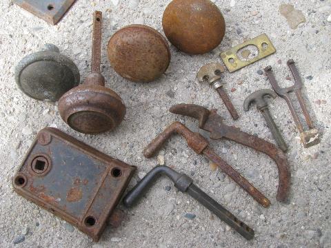 photo of lot old door hardware, vintage antique locks, doorknobs, escutcheon face plates #3