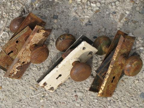 photo of lot old door hardware, vintage antique locks, doorknobs, escutcheon face plates #5