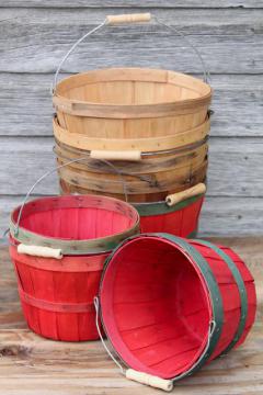 catalog photo of lot old farmer's market wood baskets for orchard or farm garden stand produce, shop displays 