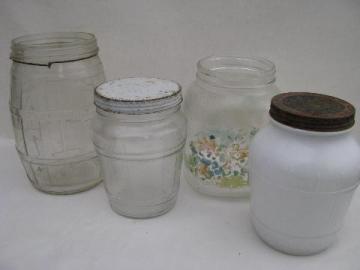 catalog photo of lot old glass food jars, depression vintage kitchen canisters