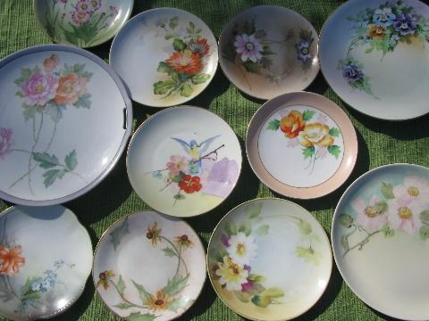 photo of lot old hand-painted flowered porcelain plates, antique and vintage china #1