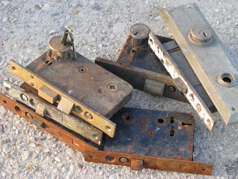 photo of lot old hardware, vintage keyed latch & deadbolt mortise box locks, brass plates #1