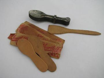 catalog photo of lot old ice cream dairy advertising, vintage wood & antique little tin spoons