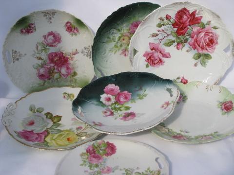 photo of lot old painted china handled plates w/ roses, antique vintage Bavaria, Germany #1