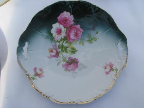 photo of lot old painted china handled plates w/ roses, antique vintage Bavaria, Germany #2