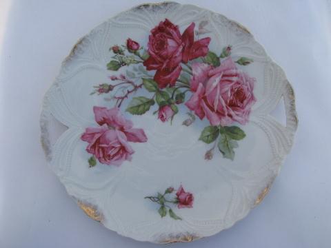 photo of lot old painted china handled plates w/ roses, antique vintage Bavaria, Germany #6