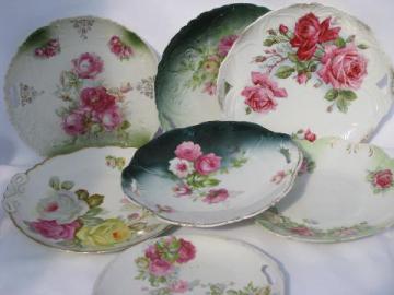 catalog photo of lot old painted china handled plates w/ roses, antique vintage Bavaria, Germany