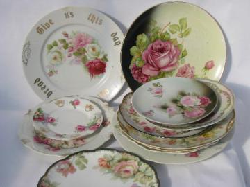 catalog photo of lot old painted china plates w/ roses, antique vintage Bavaria, Limoges etc.