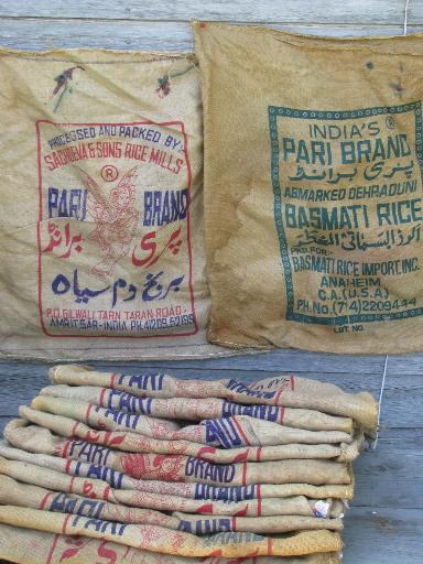 photo of lot old printed burlap grain sacks, big rice bags for wholesale cargo #1