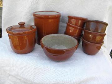 catalog photo of lot old redware pottery, vintage Guernsey ware ramekins, crocks, bowl