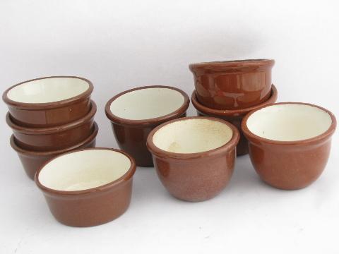 photo of lot old redware, vintage Guernsey ware & Weller pottery ramekins, small crocks #1