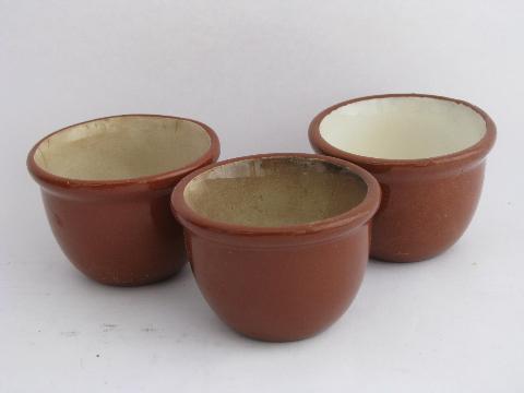 photo of lot old redware, vintage Guernsey ware & Weller pottery ramekins, small crocks #4